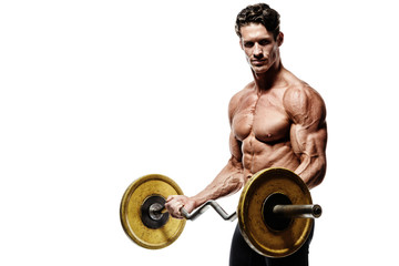 Closeup portrait of a muscular man workout with barbell at gym.