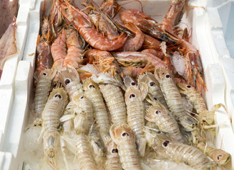 Shrimps and crabs  at the fish market on the streets of Naples , Italy