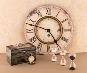 Wall Clock, Hourglasses, Wristwatch, and Pocketwatch