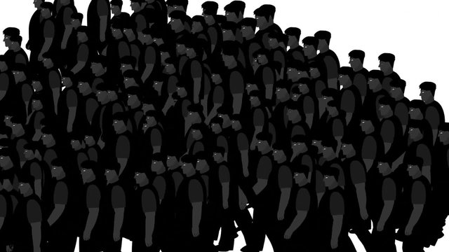 Big crowd of men moving from rigth to left