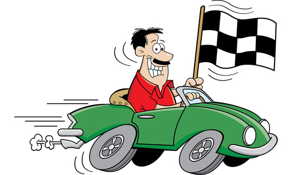 Cartoon illustration of a man driving a car and holding a checkered flag.