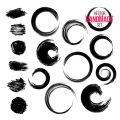 Grunge circle brush strokes set. Hand made artistic collection, for logo, business design.  Vector