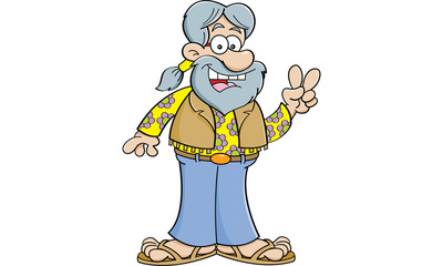 Cartoon illustration of a old hippie giving the peace sign.
