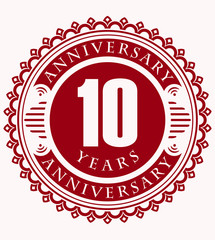 Vintage anniversary 10 years round emblem. Retro styled vector b