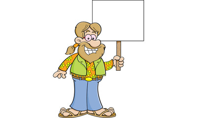 Cartoon illustration of a hippie holding a sign.