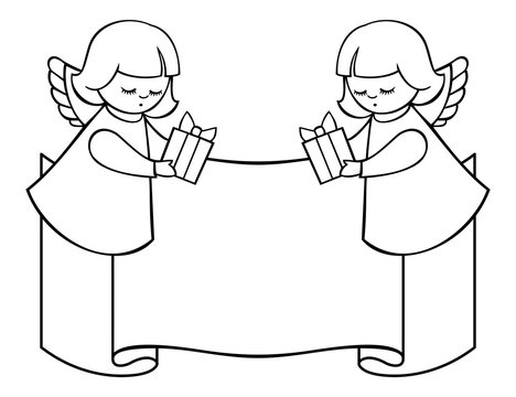 Outline image of two angel and paper swirl