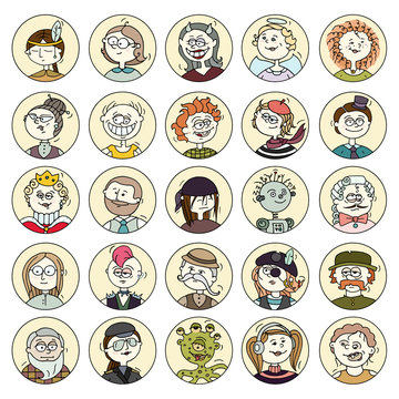 Cartoon funny user avatars in trendy hand drawn doodle style. Set of women, men character faces with different emotions, professions in circle frames. Cute vector isolated on white.