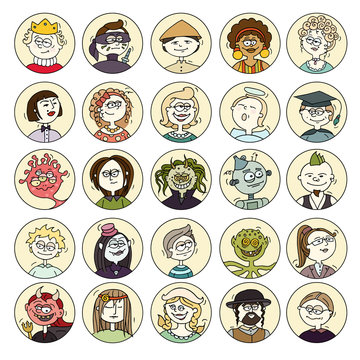 Cartoon funny user avatars in doodle style. Set of women, men character faces with different emotions, professions, hobby in circle frames. Cute vector isolated on white.
