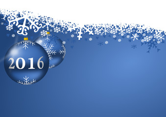  2016 new years illustration with christmas balls and snowflakes on blue background 