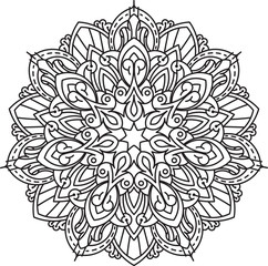 Abstract vector black round, heptagon lace design in mono line s