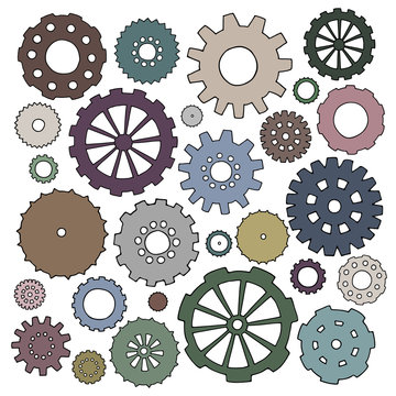 Set of cartoon doodle gears. Mechanical elements for business design. Decorative vector illustration isolated on white background. All cogs organized in groups for easy editing.