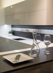 Wine Glasses and Carafe in Kitchen