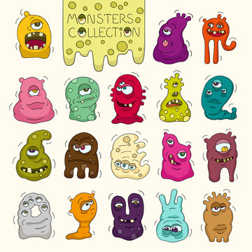 Set of cute bright monsters and aliens with many eyes. Cartoon funny doodle monster collection. Hand drawn vector for kids. All objects grouped and isolated on white.