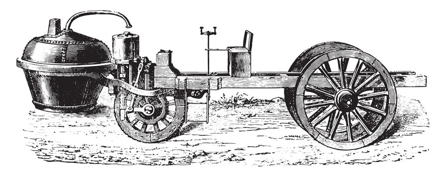 Cugnot steam car, vintage engraving.