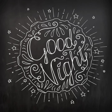 Black and white doodle typography poster with moon and stars. Cartoon cute card with lettering - Good night. Hand drawn romantic vector illustration isolated on black background.