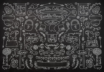 Doodle vintage decorative elements with birds, hearts, ribbon, flowers, arrows, lettering. Romantic for design wedding, valentine day. Hand drawn vector illustration isolated on black.