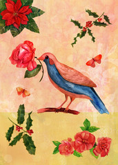 Fototapety  Vintage pocztówka artystyczna z akwarelowymi rysunkami ptaka z kwiatami i motylami