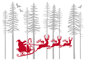 Santa Claus with his reindeer in fir forest, vector