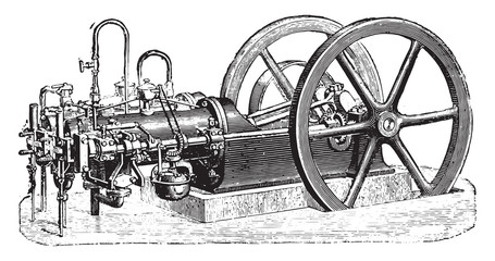 Type Otto engine, two coupled cylinders, vintage engraving.
