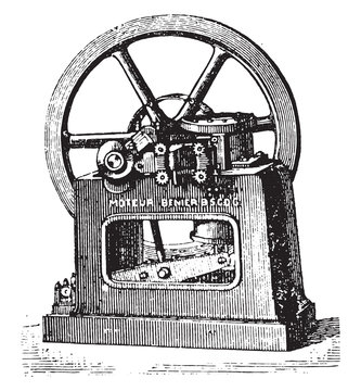 Benier Longitudinal View Of The Engine, Vintage Engraving.