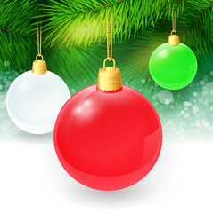 Christmas background with fir twigs and christmas balls. Vector illustration