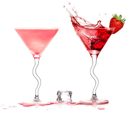 Stylish Cocktail Glasses with Daiquiri and Strawberry Liquor Splashing