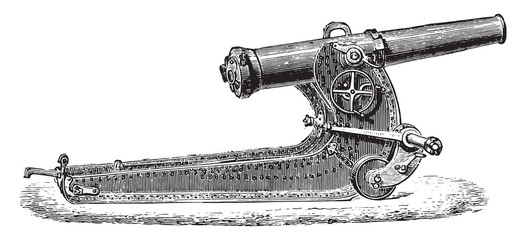 Cannon short- or 155 mm howitzer on lookout, vintage engraving.
