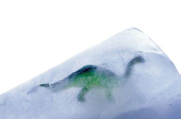Dinosaur in a block of ice. figure toy dinosaur frozen into the ice. It symbolizes the Ice Age and...