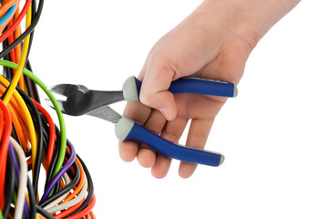 Hand with pliers and cable