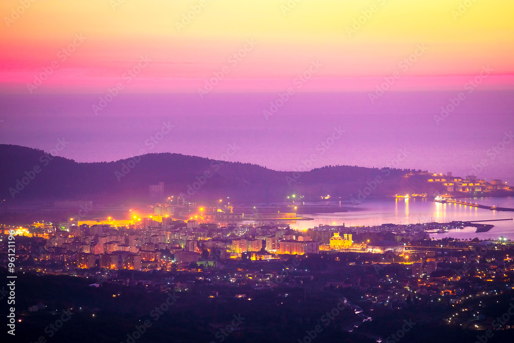 Poster landscape with the image of bar panarama, montenegro, sunset