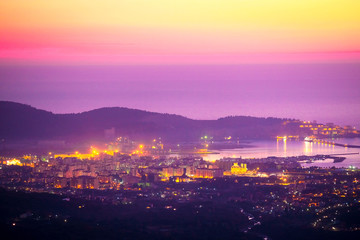 Landscape with the image of Bar panarama, Montenegro,  sunset
