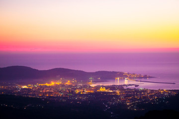 Landscape with the image of Bar panarama, Montenegro,  sunset