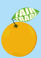 A large orange fruit with a single green leaf on which the words Fair Trade are overlaid as text