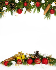 Christmas decoration  four-fifths with balls, stars, cones and gift on white background..