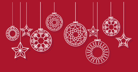 Christmas balls and stars hanging on red background vector.