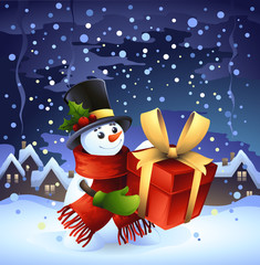 smiling snowman with gift