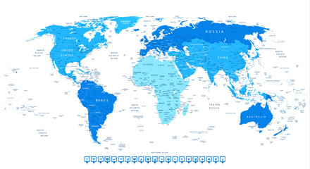 Highly Detailed World Map with Continent in Different Blue Color