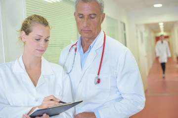 Fototapeta premium Two doctors looking at clipboard in hospital corridor