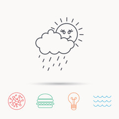 Rain and sun icon. Water drops with cloud sign.