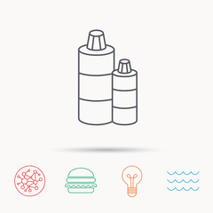 Shampoo bottles icon. Liquid soap sign.