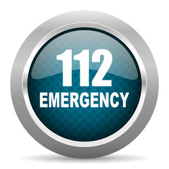 number emergency 112 blue silver chrome border icon on white background