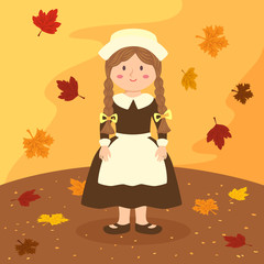 Illustration of thanksgiving greeting card with a braid girl in autumn background.