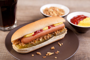 Hotdog mit Gurke, Zwiebeln, Ketchup und Senf