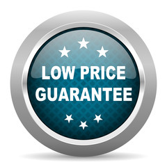 low price guarantee blue silver chrome border icon on white background