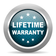 lifetime warranty blue silver chrome border icon on white background
