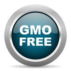 gmo free blue silver chrome border icon on white background