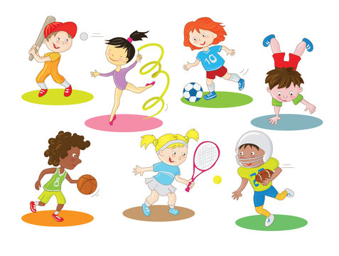Kids are doing indoor and outdoor sports. Cartoon clip art characters collection in a simple style with colorful color scheme.