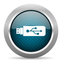 usb blue silver chrome border icon on white background