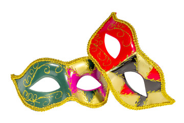 Two Venetian carnival half-mask gold red green black pink asymme © SergeyS
