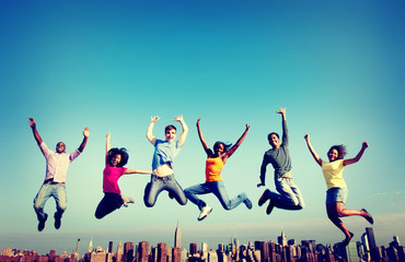 Cheerful People Jumping Friendship Happiness City Concept